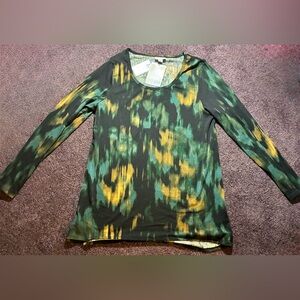 LuLaRoe Women's Long Sleeve Top in Green, Yellow, Black Abstract Print